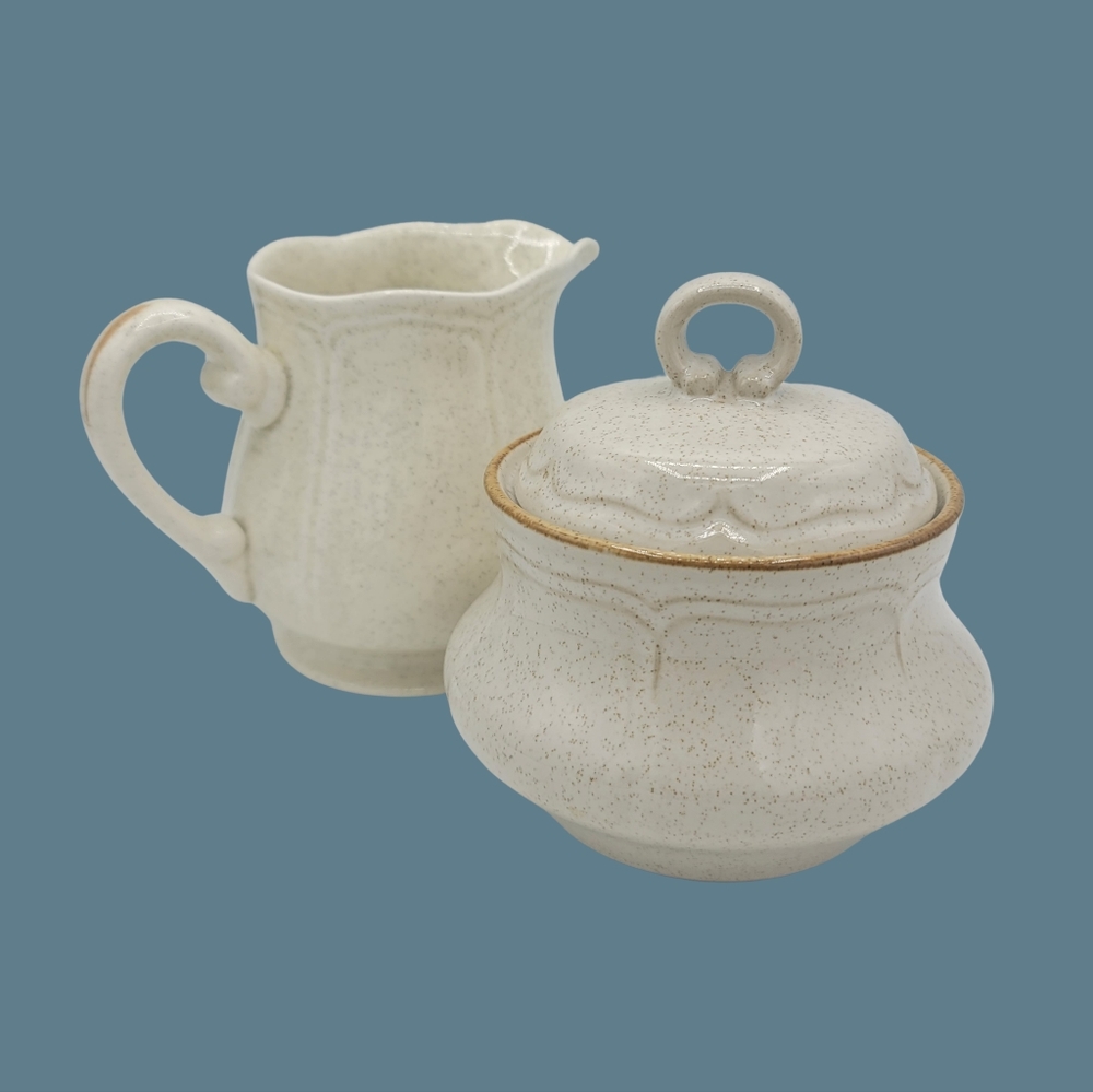 Ironstone Japan Creamer + Hearthside Baroque Sugar Bowl Speckled 70s Tableware